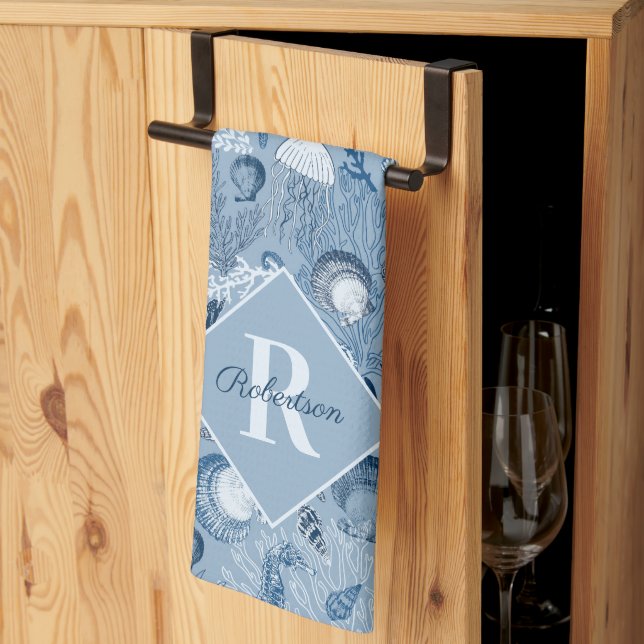 Blue Ocean Sea Life Beach Monogram Kitchen Towel (Thirds Fold)