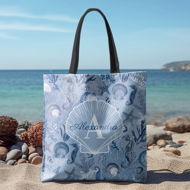 Blue Ocean Sea Life Coastal Beach Monogram Tote Bag (Creator Uploaded)