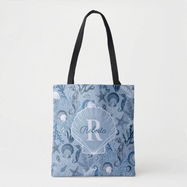 Blue Ocean Sea Life Coastal Monogram Test Tote Bag (Front)