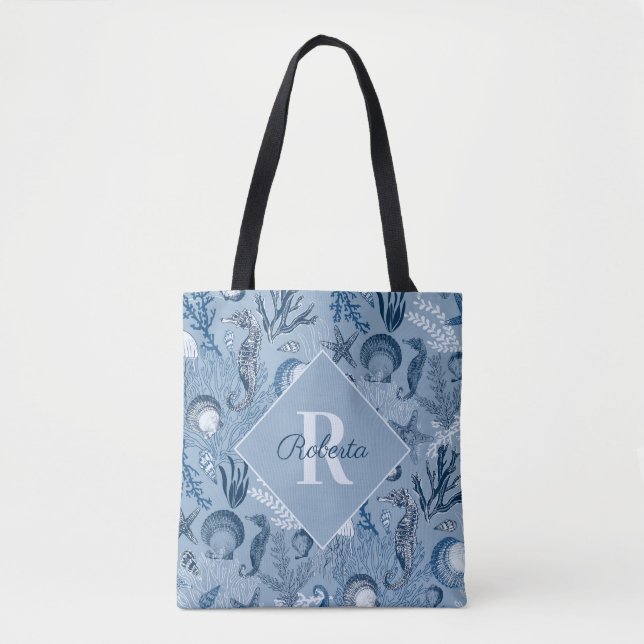 Blue Ocean Sea Life Coastal Monogram Tote Bag (Front)