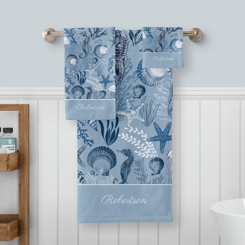 Blue Ocean Sea Life Custom Name Bath Towel Set