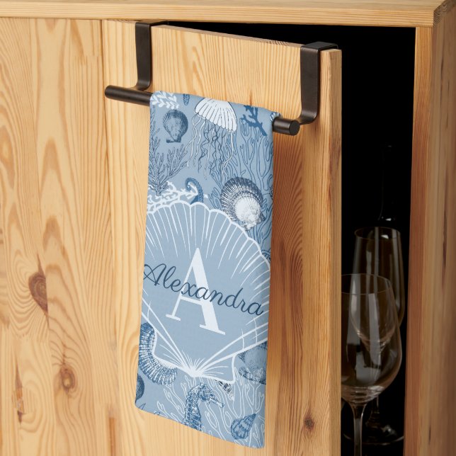 Blue Ocean Sea Life Monogram Kitchen Towel (Thirds Fold)