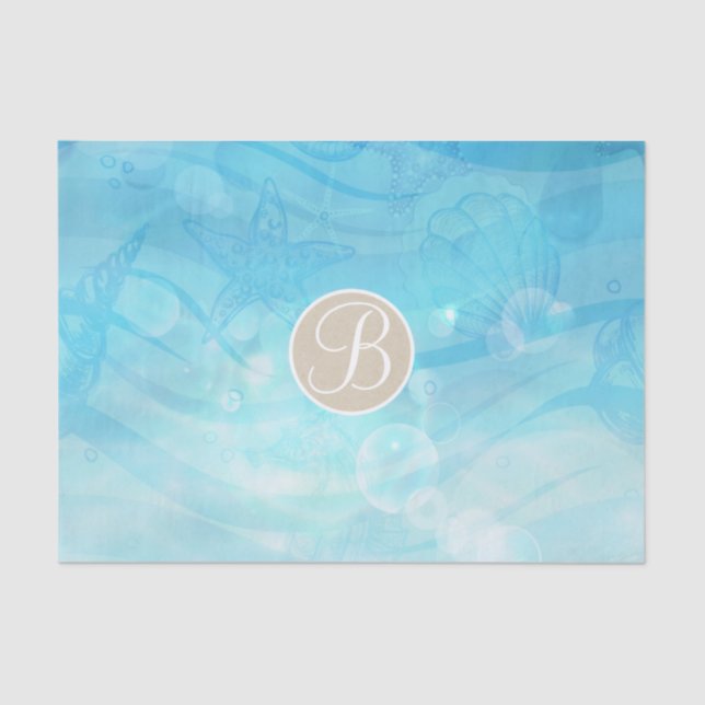 Blue Ocean Sea Shells Beach Monogram Initial Tissue Paper (Front)