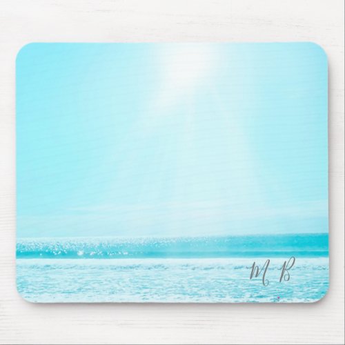 Blue Ocean Sea Sun Silver Monogram Vacation Vibe Mouse Pad