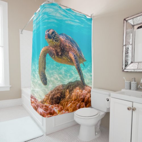 Blue ocean sea turtle coral reef shower curtain