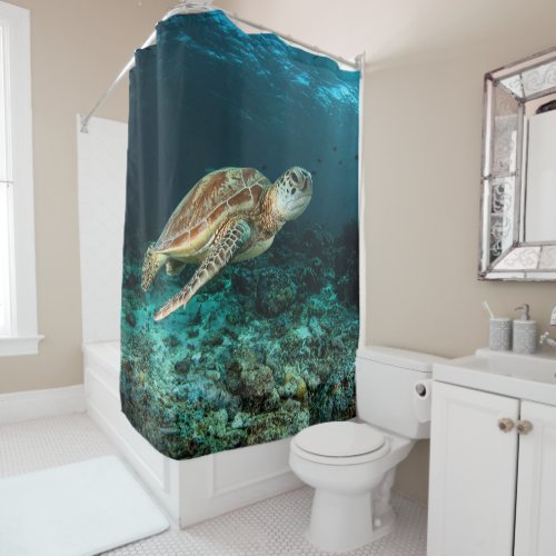 Blue ocean sea turtle coral reef shower curtain