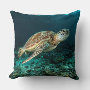 Blue ocean sea turtle coral reef throw pillow