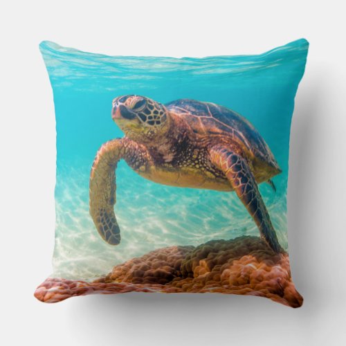 Blue ocean sea turtle coral throw pillow