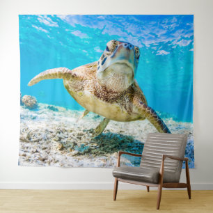 Blue ocean sea turtle face front tapestry