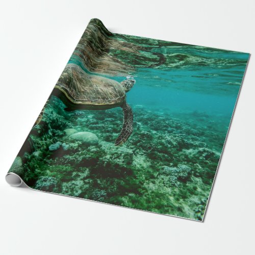 Blue ocean sea turtle swimming wrapping paper