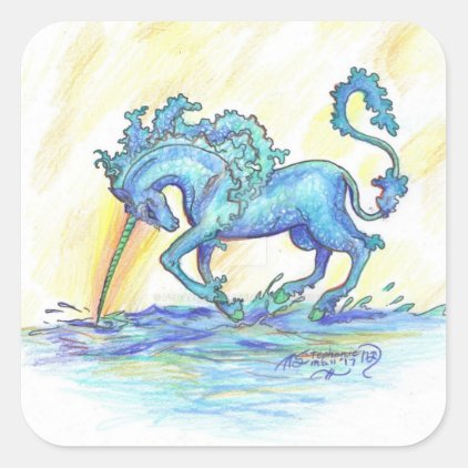 Blue Ocean Sea Unicorn Fish Horse Hippocampus Square Sticker