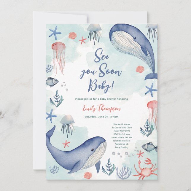 Blue Ocean Sea You Soon Summer Baby Shower  Invitation (Front)