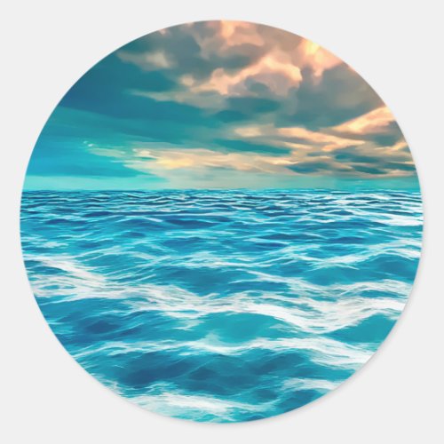 Blue Ocean Seascape Cloudy Sky Digital Painting   Classic Round Sticker
