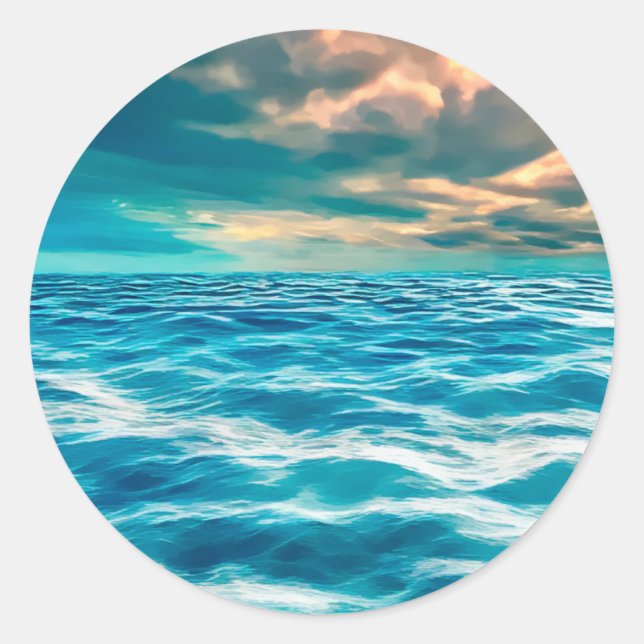 Blue Ocean Seascape Cloudy Sky Digital Painting   Classic Round Sticker (Front)