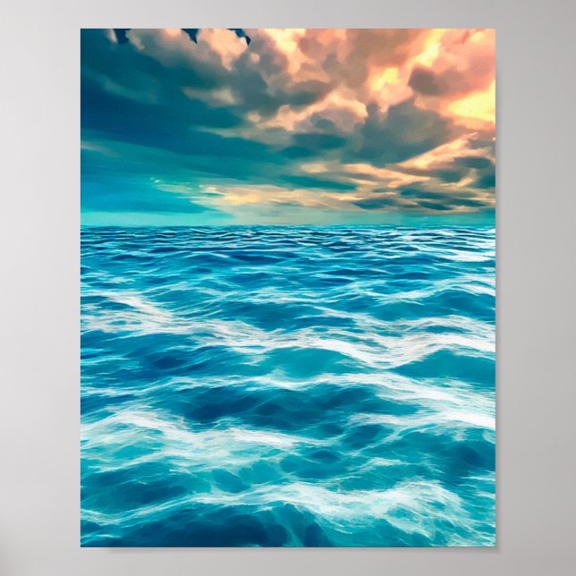 Blue Ocean Seascape Cloudy Sky Digital Painting  Poster (Front)