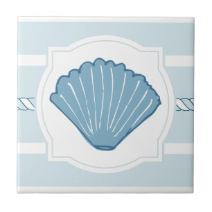 Blue ocean seashell nautical stripes ceramic tile