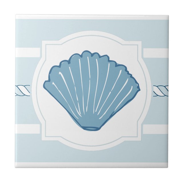 Blue ocean seashell nautical stripes ceramic tile (Front)
