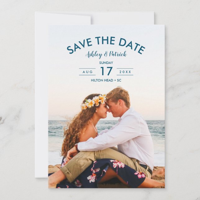 Blue Ocean Seaside Beach Wedding Save The Date Invitation (Front)