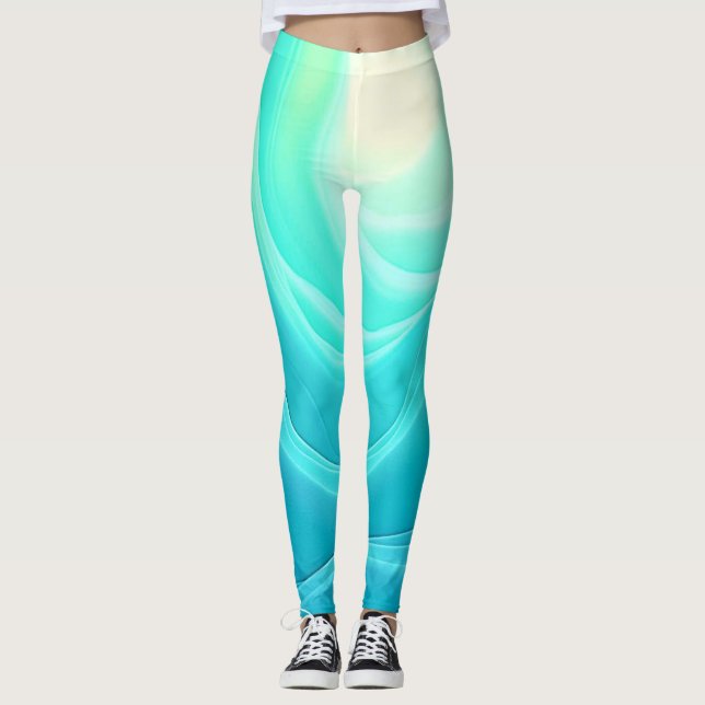 Blue Ocean Serenity Abstract Waves Design Leggings (Front)