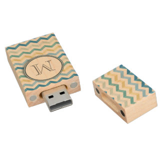 Blue Ocean Shore Chevron Stripes w/ Round Monogram Wood USB Flash Drive