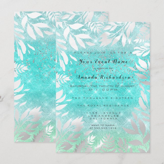 Blue Ocean Sky Glitter Ombre Floral Frame Invitation (Front/Back)