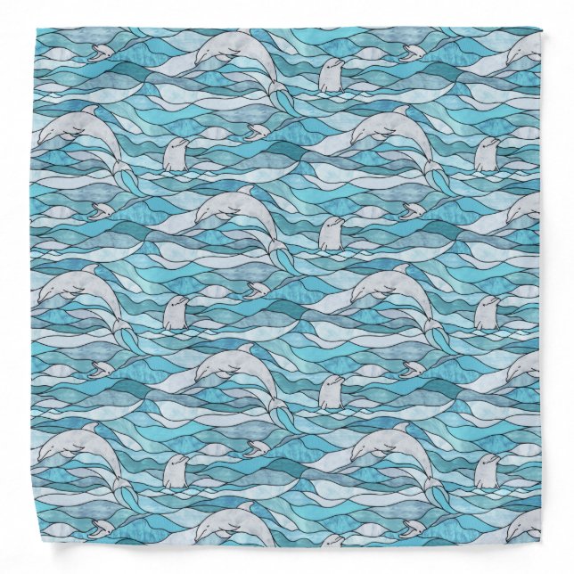 Blue Ocean Stained Glass Dolphins Bandana (Front)