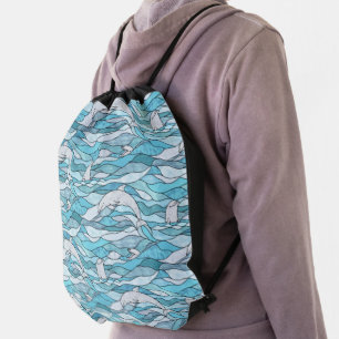 Blue Ocean Stained Glass Dolphins Drawstring Bag
