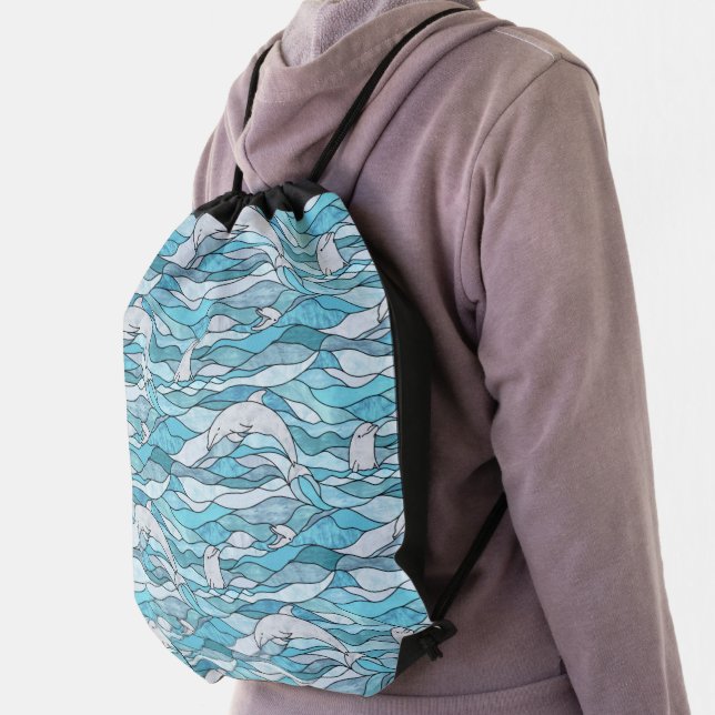 Blue Ocean Stained Glass Dolphins Drawstring Bag (Insitu)