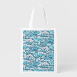 Blue Ocean Stained Glass Dolphins Grocery Bag