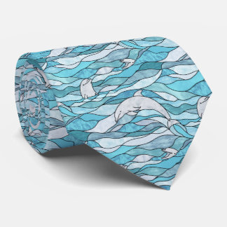 Blue Ocean Stained Glass Dolphins Neck Tie
