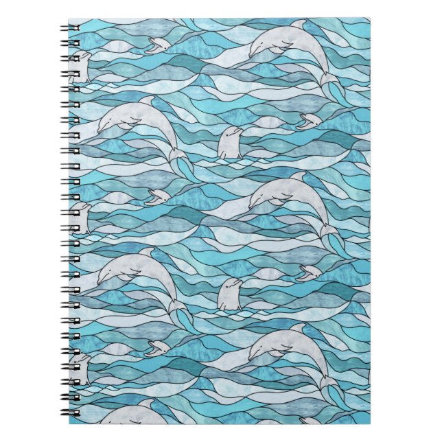 Blue Ocean Stained Glass Dolphins Notebook (Front)