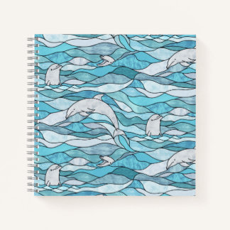 Blue Ocean Stained Glass Dolphins Notebook