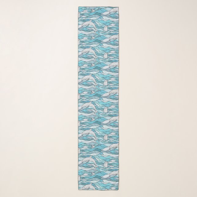 Blue Ocean Stained Glass Dolphins Scarf (Front)