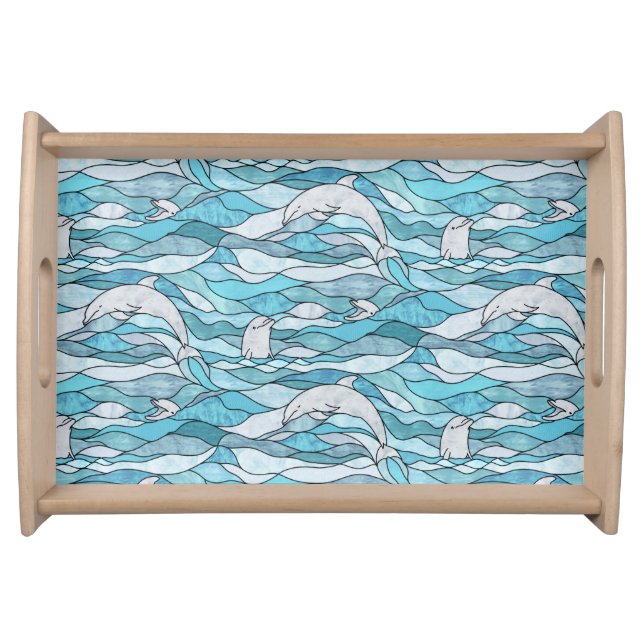 Blue Ocean Stained Glass Dolphins Serving Tray (Front)