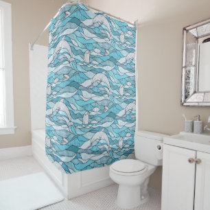 Blue Ocean Stained Glass Dolphins Shower Curtain