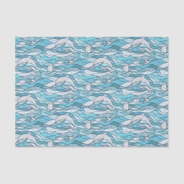 Blue Ocean Stained Glass Dolphins Tissue Paper (Front)