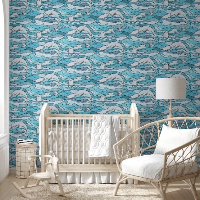 Blue Ocean Stained Glass Dolphins Wallpaper (Kids)