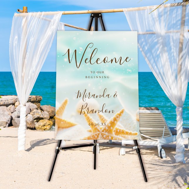 Blue Ocean Starfish and Shells Beach Wedding Sign (Creator Uploaded)