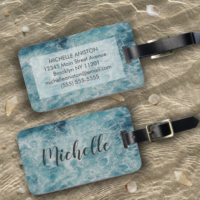 Blue Ocean Summer Beach Waves  Monogram Custom     Luggage Tag (Creator Uploaded)