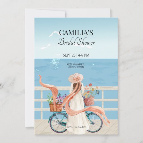 Blue Ocean summer girl with bicycle bridal shower Invitation