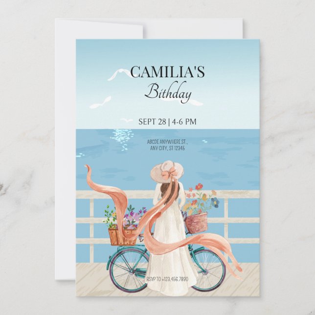 Blue Ocean summer girl with bicycle Invitation (Front)