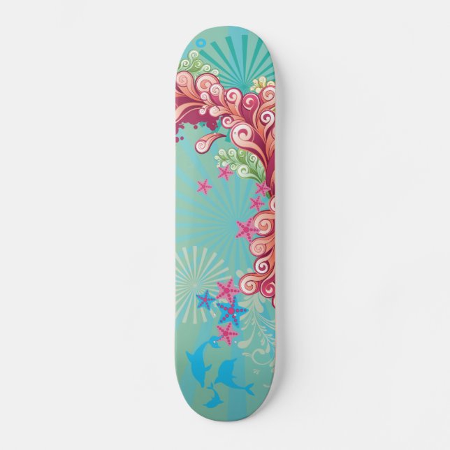 Blue ocean swirls design girls skateboard deck (Front)