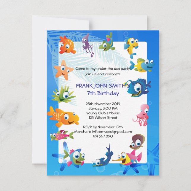 Blue Ocean Theme Children's Birthday Party Invitation (Front)