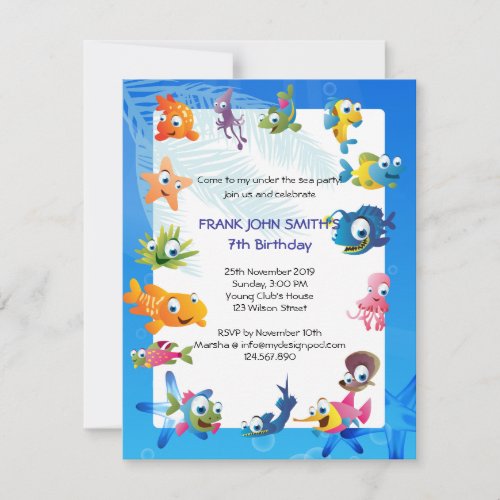 Blue Ocean Theme Childrens Birthday Party Invitation