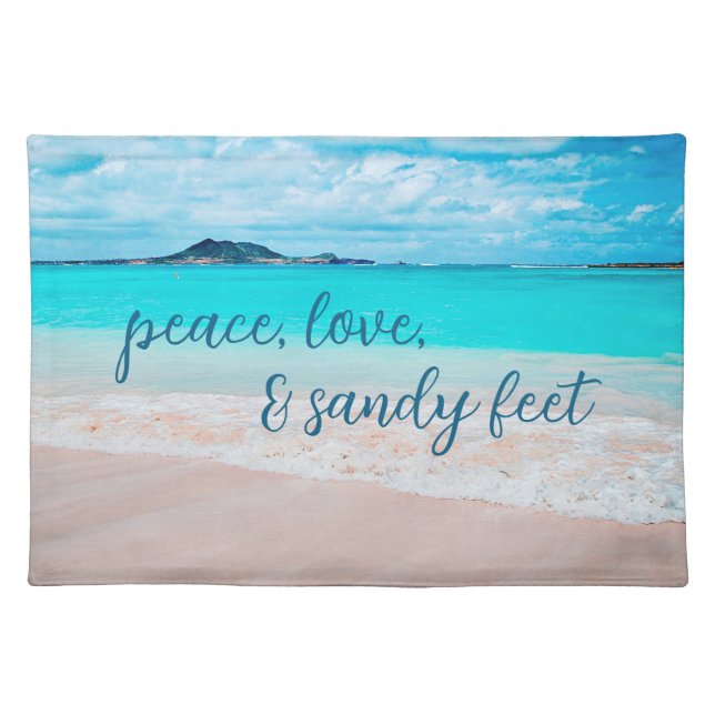 Blue Ocean Tropical Hawaii Beach Photo, Sandy Feet Cloth Placemat (Front)
