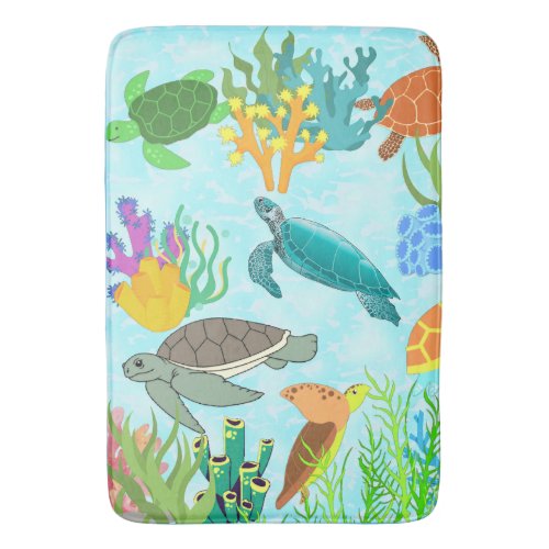 Blue Ocean Tropical Sea Turtles And Corals Bath Mat