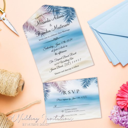 Blue Ocean Tropical Summer Palm Beach Wedding All In One Invitation