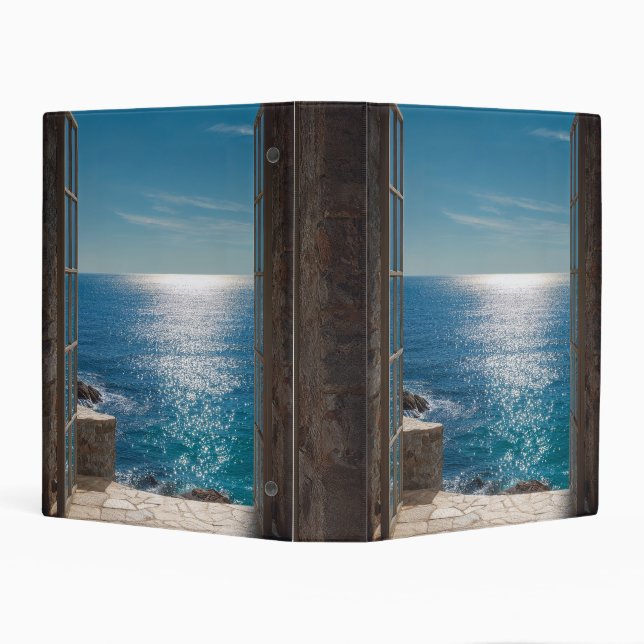 Blue Ocean View Open Window Trompe L'Oeil  Mini Binder (Background)