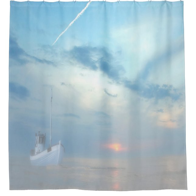 Blue ocean view with fishingboat shower curtain (Front)