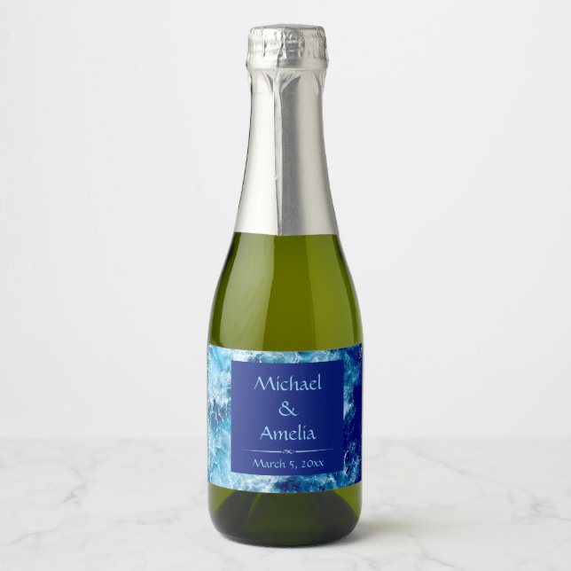Blue Ocean Water Wedding Mini Sparkling Wine Label (Front)